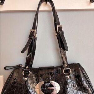 Black Croc-Embossed Patent Shoulder Bag with Silver Hardware